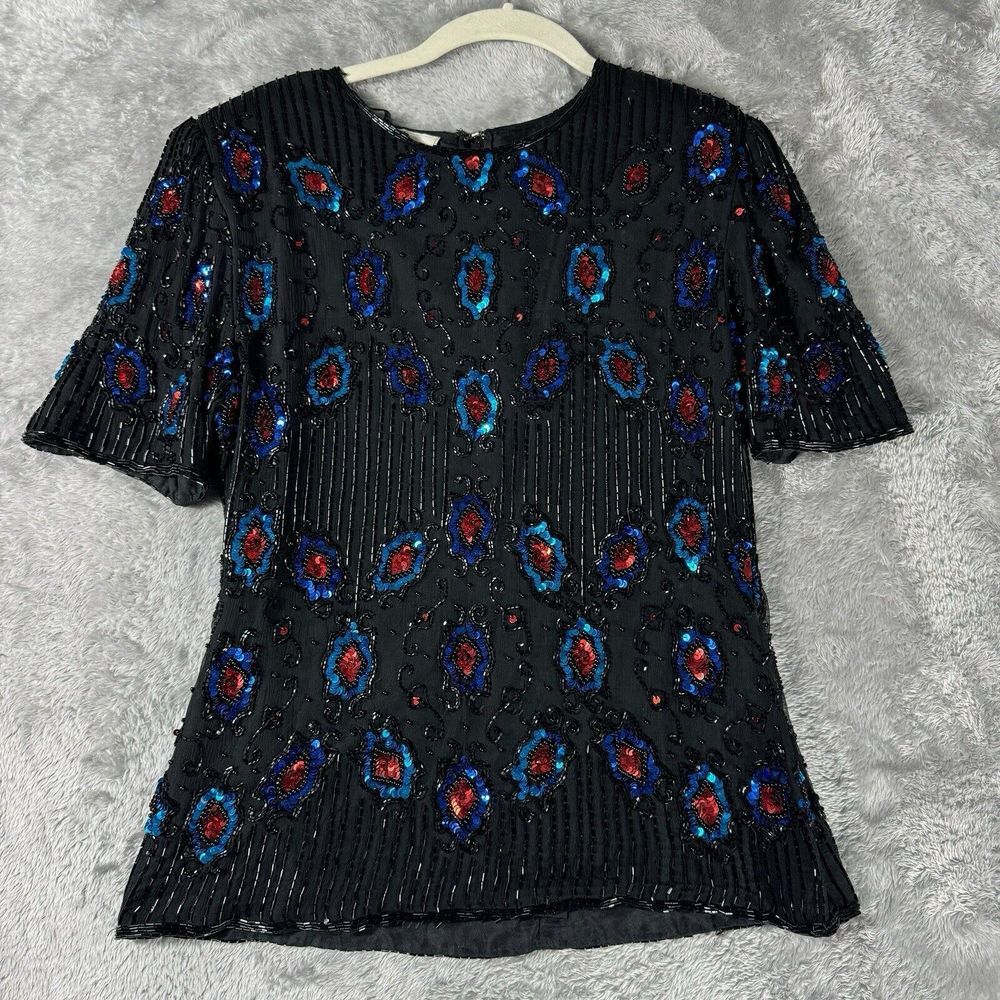 Vtg Stenay Silk Sequin Beaded Top Womens Small Black Blue Red Going‎ Out Formal